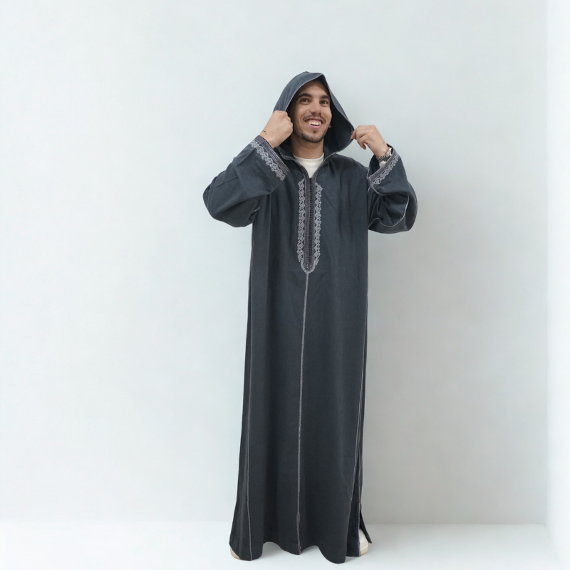 Djellaba Homme Grise Broderie Traditionnelle