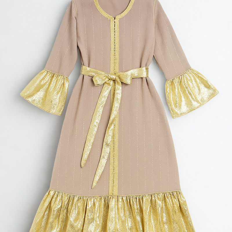 Robe Fille Dorée  Élégance Festive avec Volants et Ceinture